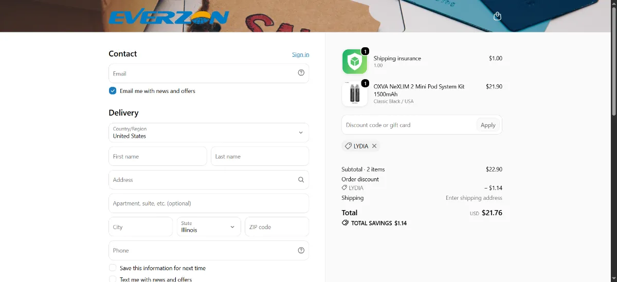 The Everzon checkout, with the coupon code box