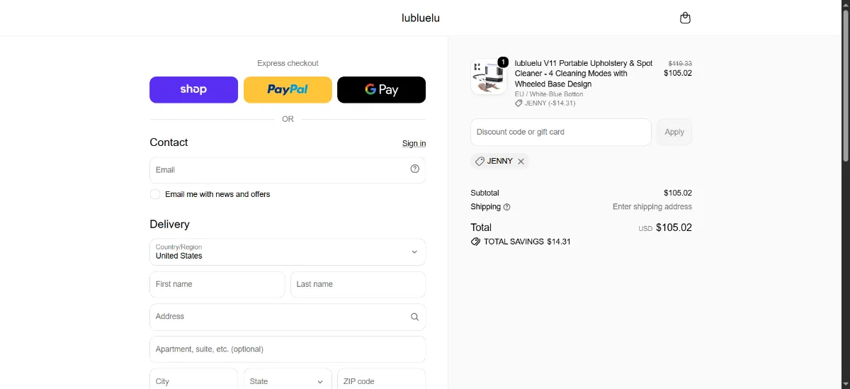 The Lubluelu checkout, with the discount code box