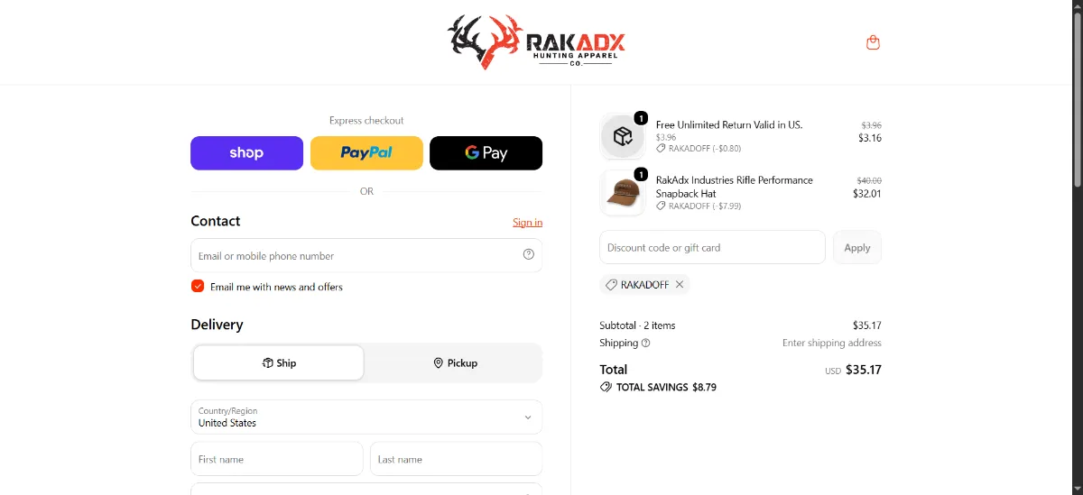 The RakAdx checkout, with the discount code box