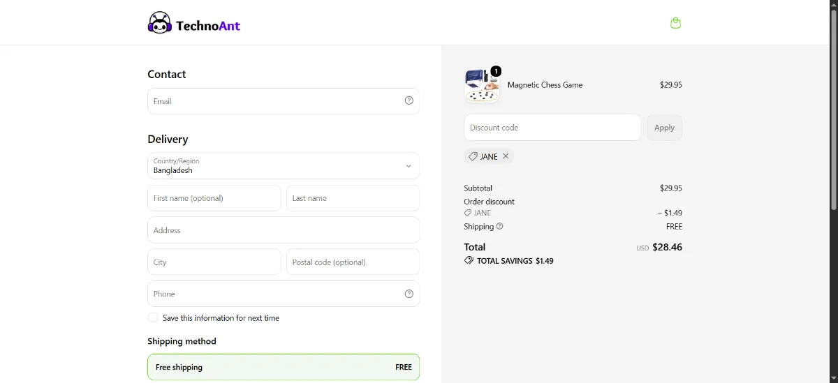 The TechnoAnt checkout, with the discount code box