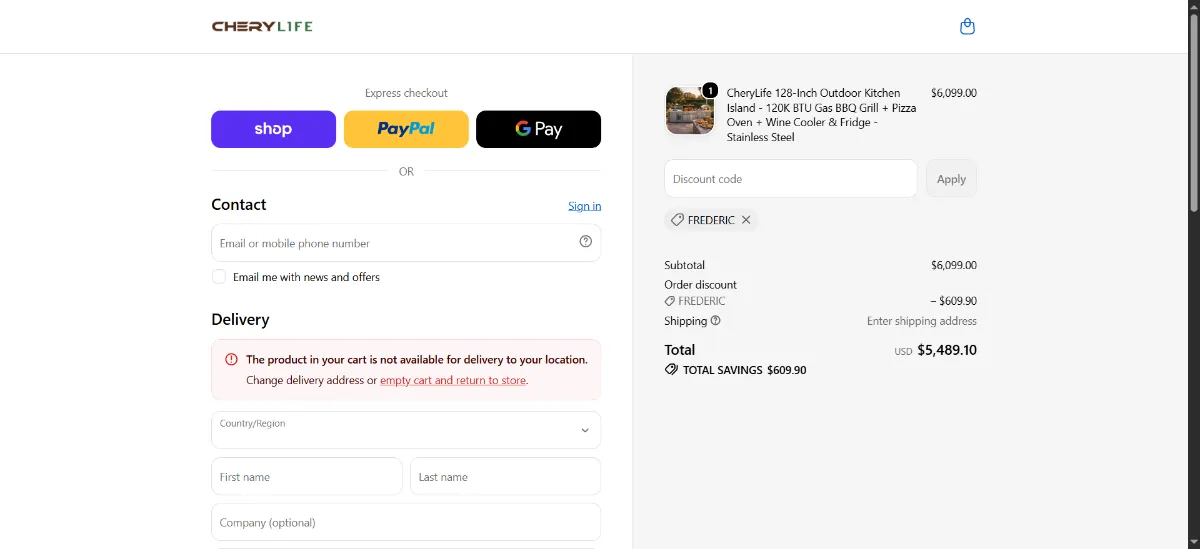 The CheryLife checkout, with the discount code box