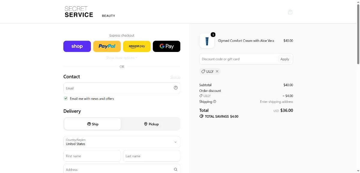 The Secret Service Beauty checkout, with the discount code box