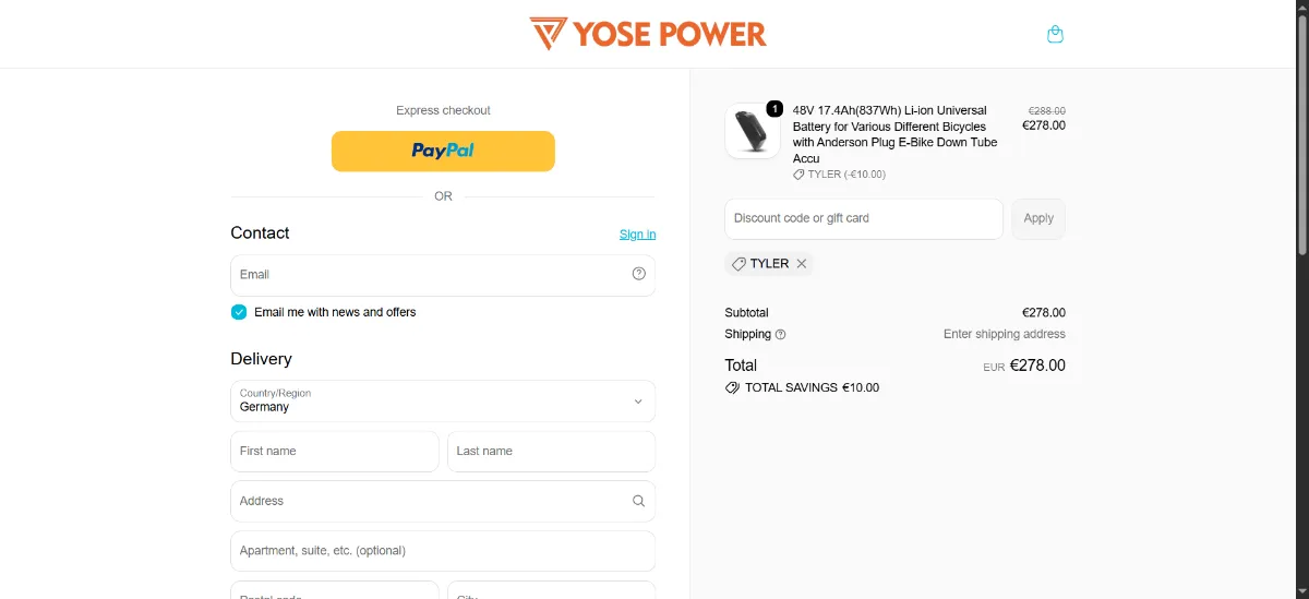 The Yose Power checkout, with the discount code box