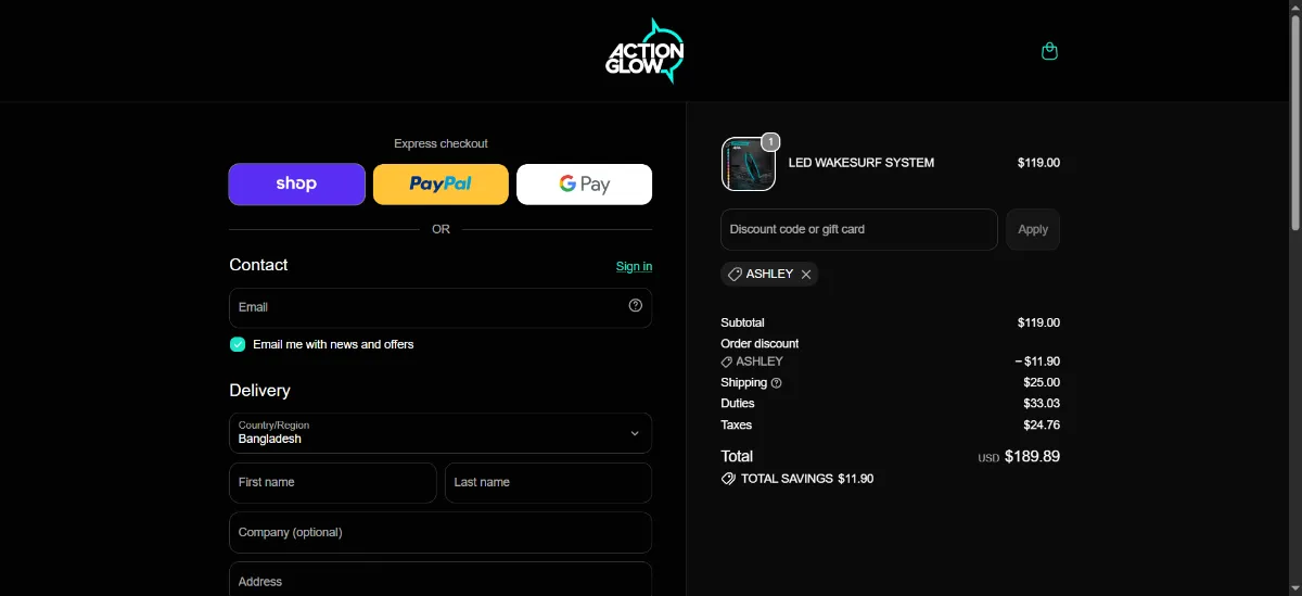 The ActionGlow checkout, with the discount code box