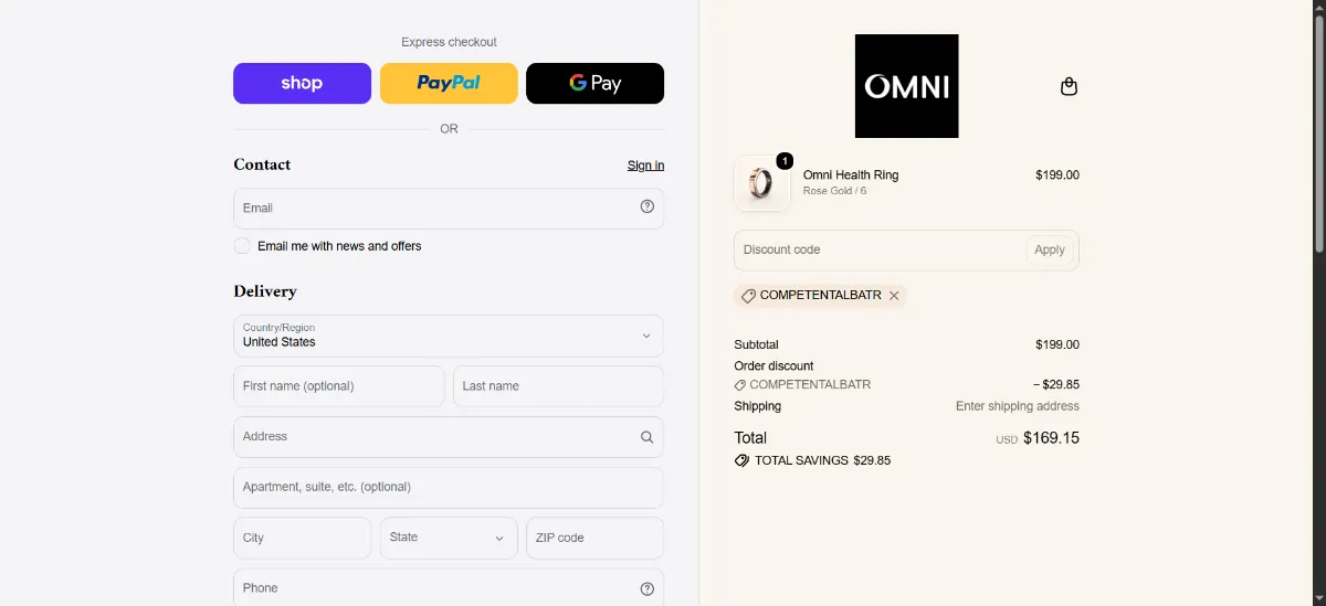 The Omni Health Ring checkout, with the discount code box