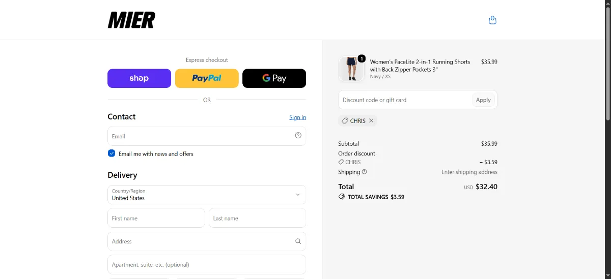 The MIERSPORTS checkout, with the discount code box