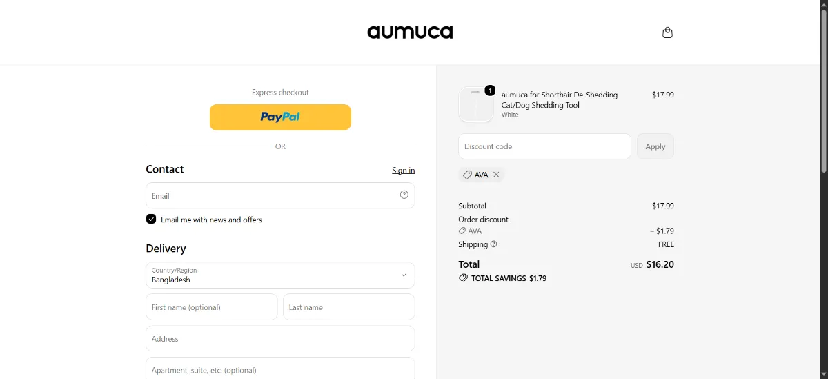 The Aumuca checkout, with the discount code box