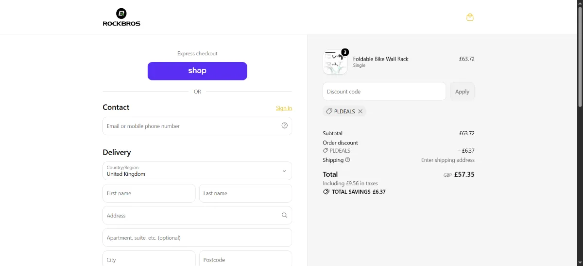 The Rockbros UK checkout, with the discount code box