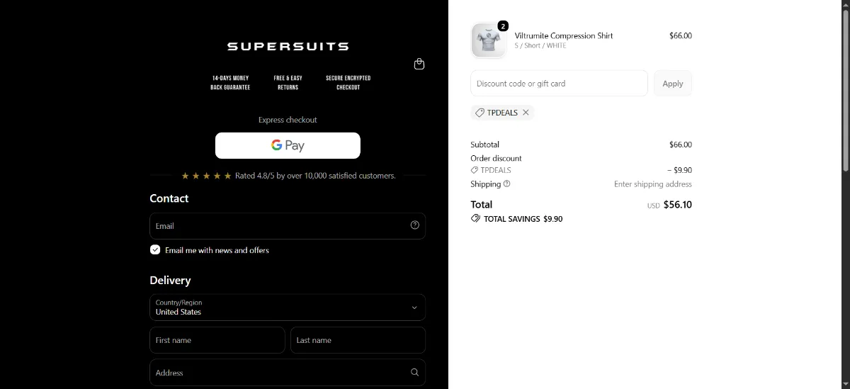 The SuperSuits checkout, with the discount code box