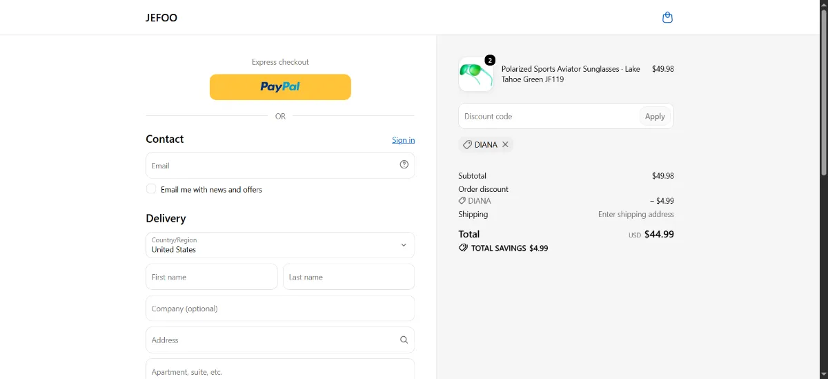 The JEFOO checkout, with the discount code box
