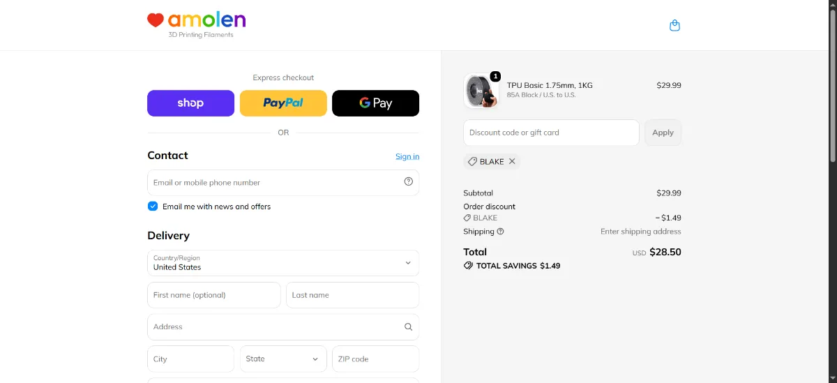 The Amolen checkout, with the discount code box