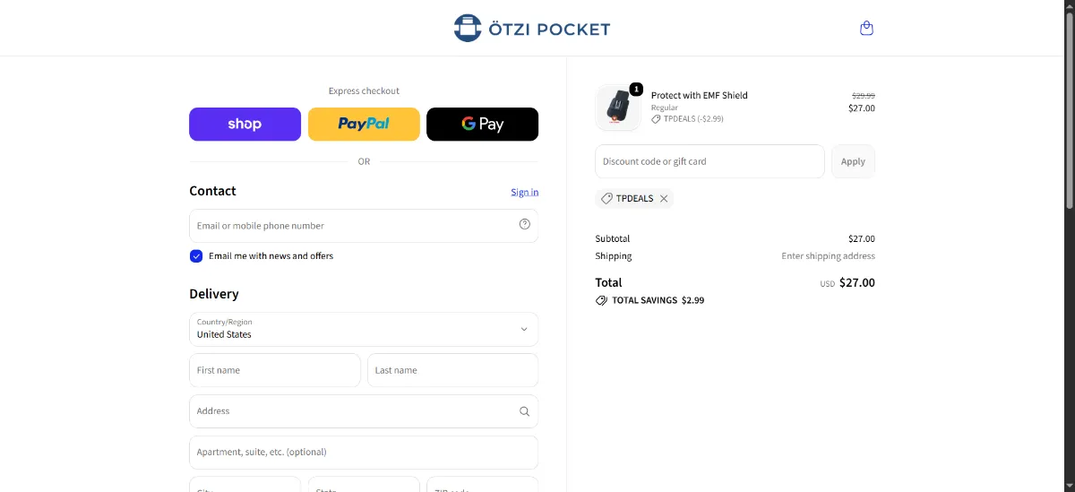 The Ötzi Pocket checkout, with the discount code box