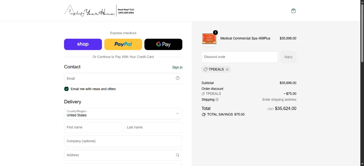 The Amplify Your Home checkout, with the discount code box