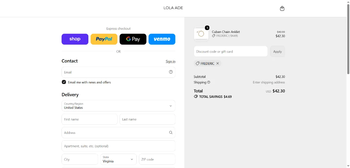The Lola Ade checkout, with the discount code box