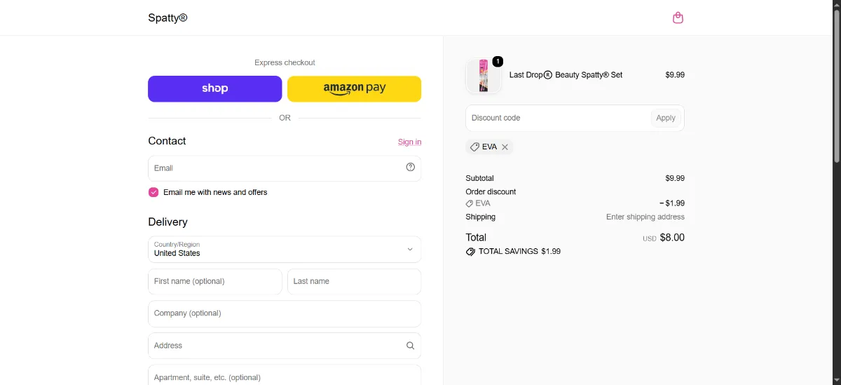 The Spatty checkout, with the discount code box