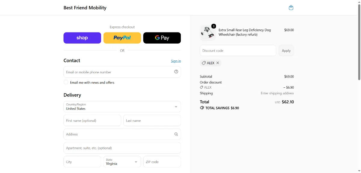 The Best Friend Mobility checkout, with the coupon code box