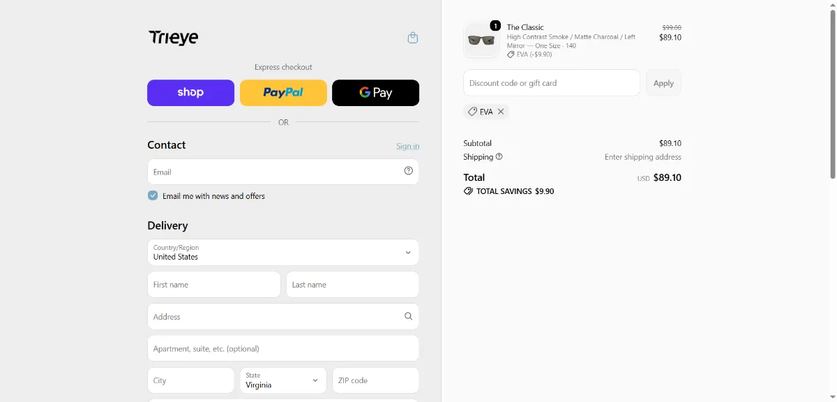 The TriEye checkout, with the discount code box