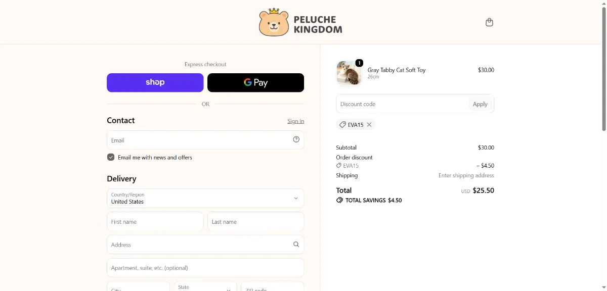 The Peluche Kingdom checkout, with the discount code box