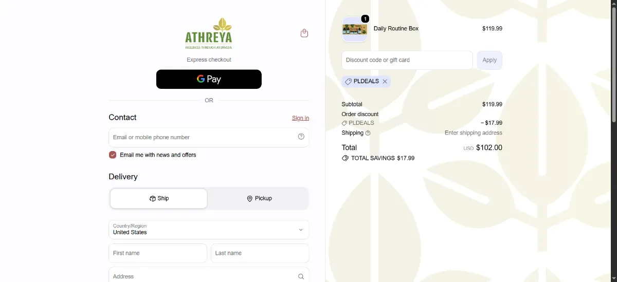 The Athreya Herbs checkout, with the discount code box