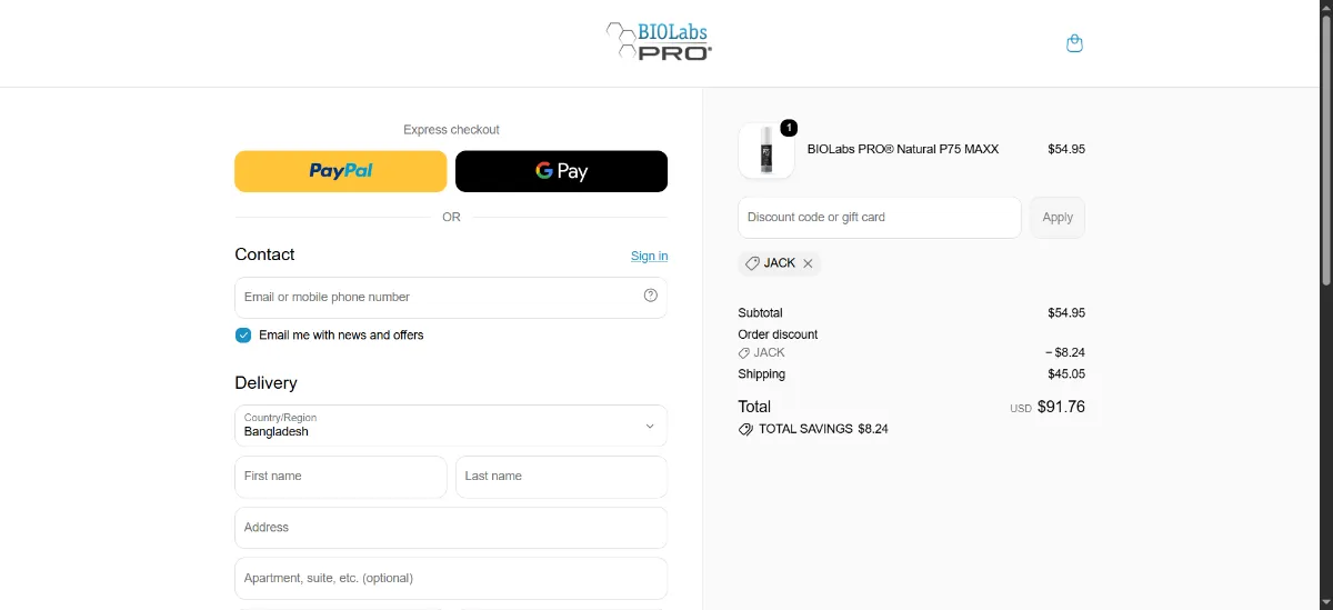 The BIOLabs PRO checkout, with the coupon code box
