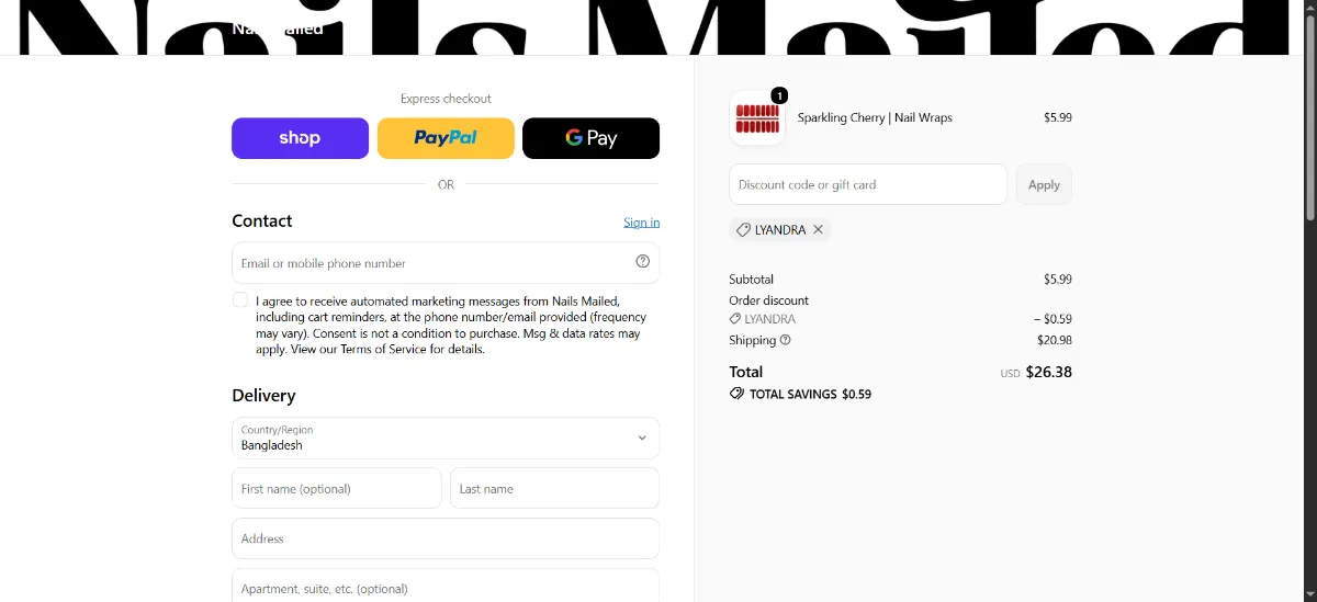 The Nails Mailed checkout, with the discount code box