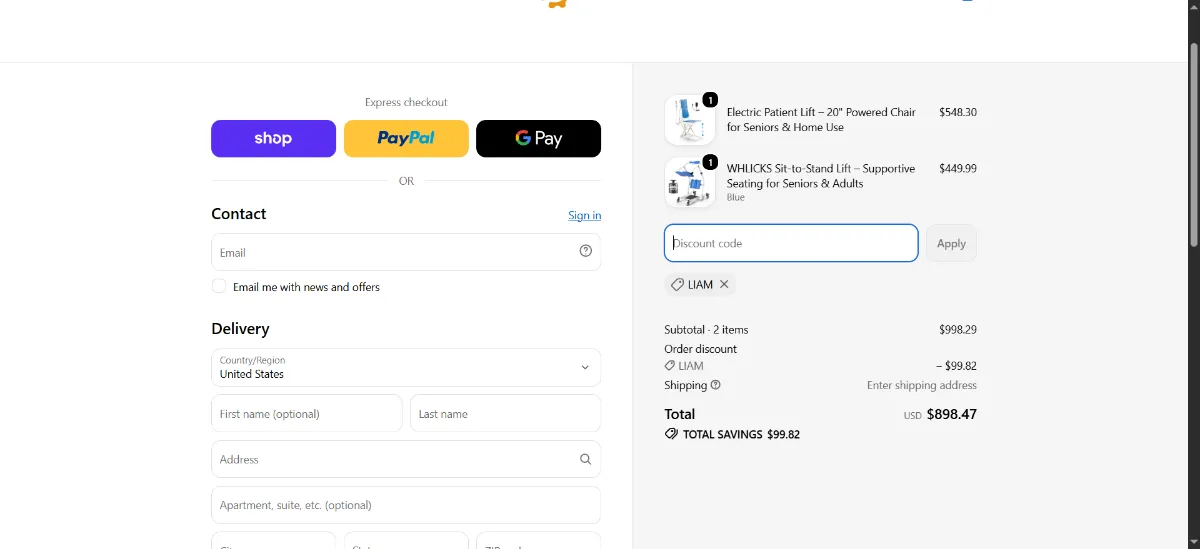 The WHLICKS checkout, with the discount code box