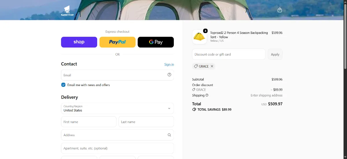 The GeerTop Outdoor checkout, with the discount code box