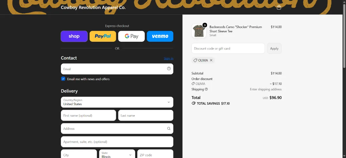 The Cowboy Revolution checkout, with the discount code box