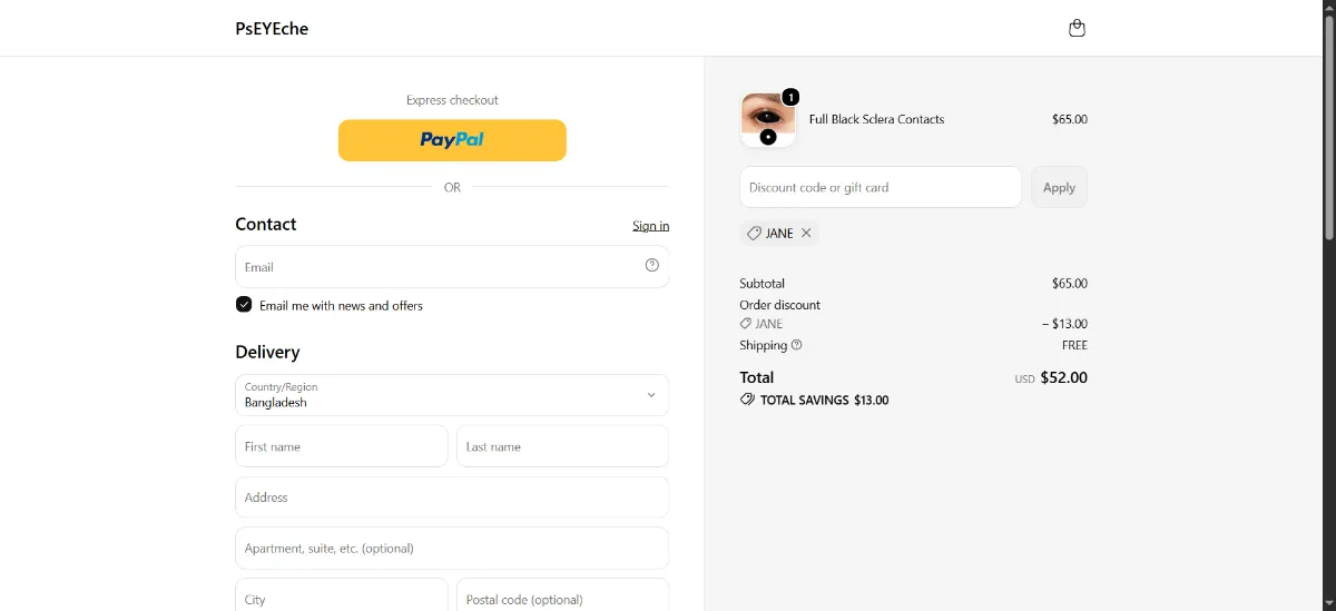 The PsEYEche checkout, with the discount code box