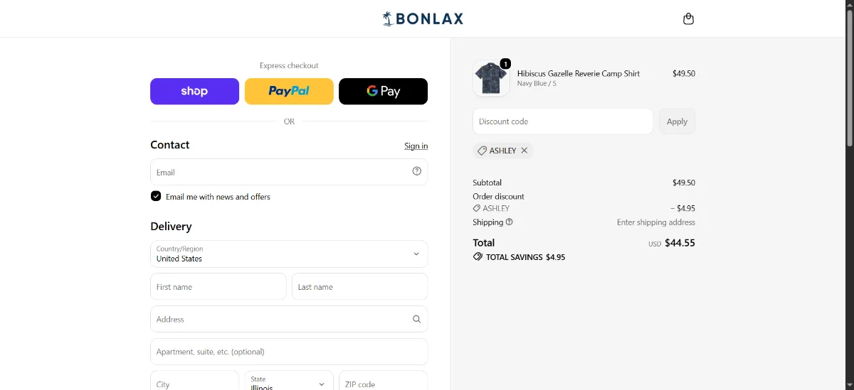 The Bonlax checkout, with the discount code box
