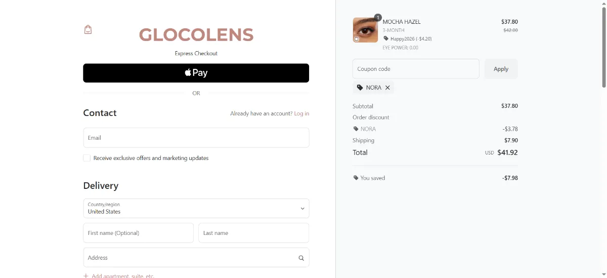 The GLOCOLENS checkout, with the discount code box