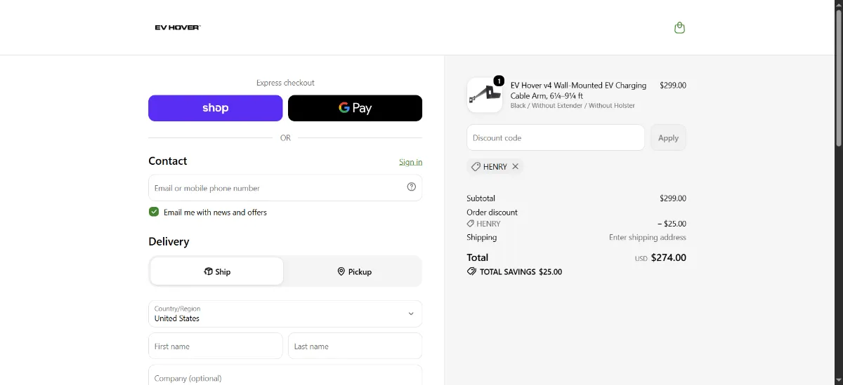 The EV Hover checkout, with the discount code box