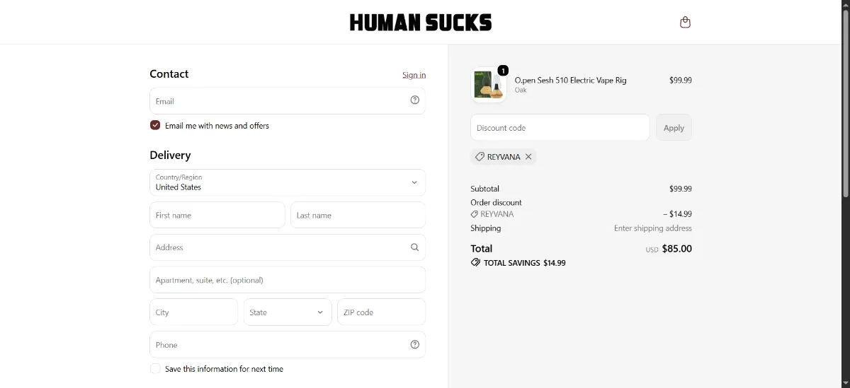 The Humansucks checkout, with the discount code box