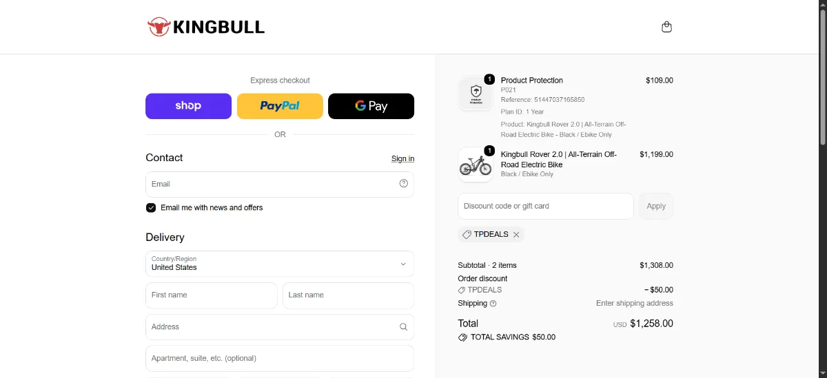 The Kingbull Bikes checkout, with the discount code box