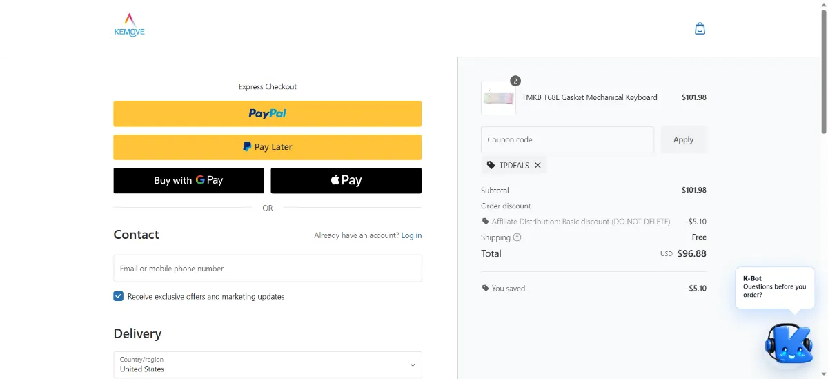 The KEMOVE checkout, with the coupon code box
