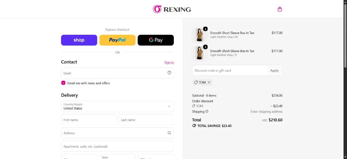 The RexingSports checkout, with the discount code box