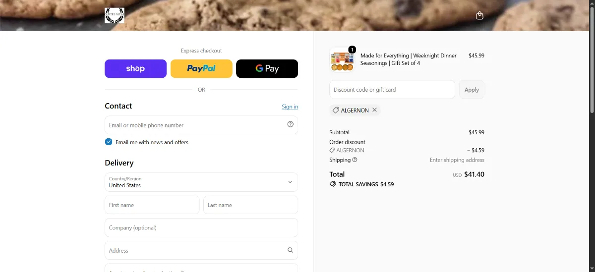 The Gustus Vitae checkout, with the discount code box