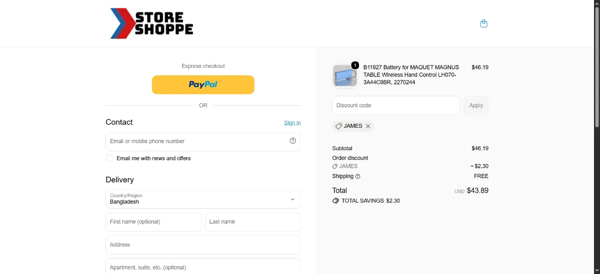 The Store Shoppe checkout, with the discount code box