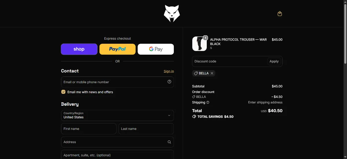 The Apexwolf checkout, with the discount code box