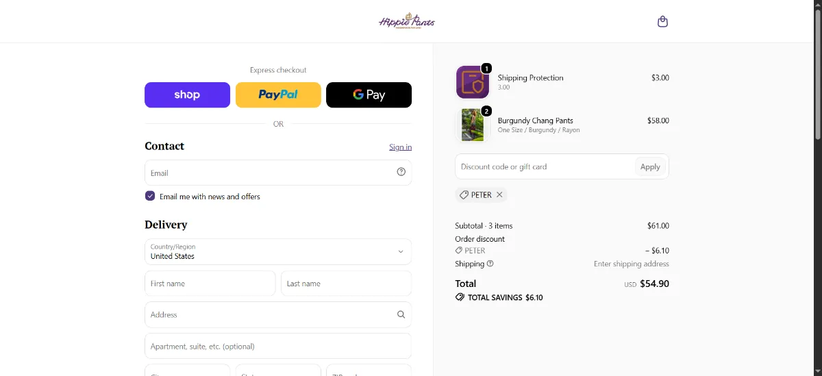 The Hippie Pants checkout, with the discount code box