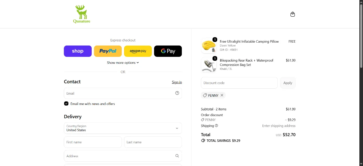 The Qunature Global checkout, with the discount code box