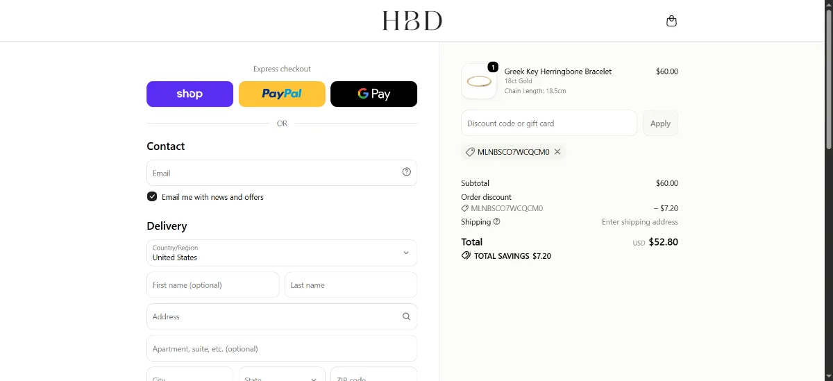 The HBD checkout, with the discount code box