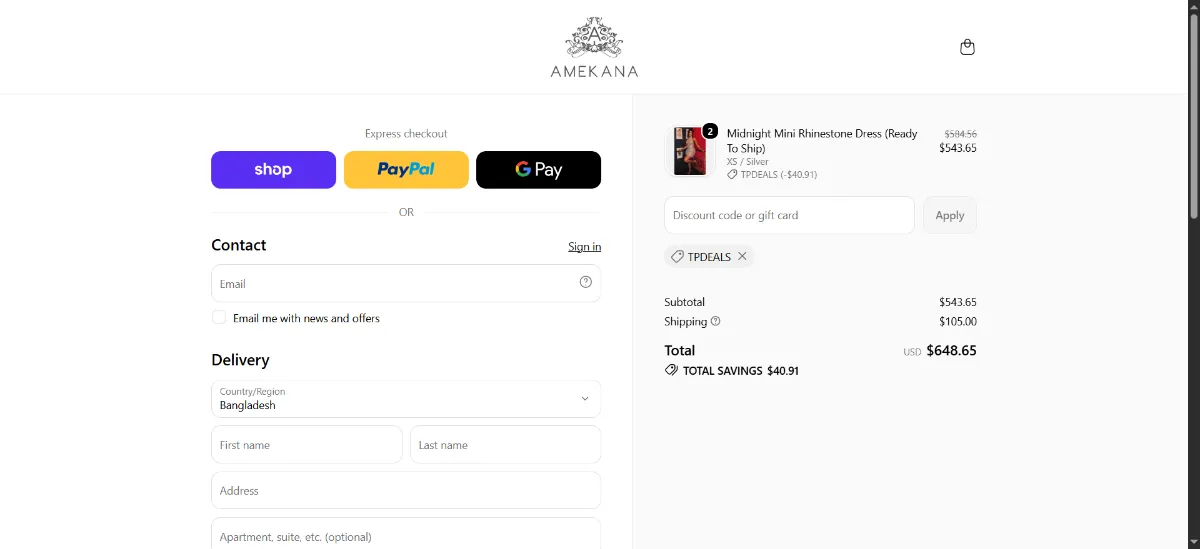 The Amekana checkout, with the discount code box