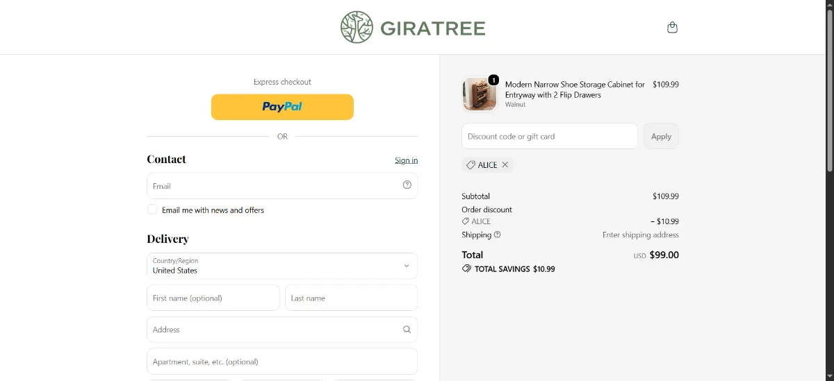 The GiraTree checkout, with the discount code box