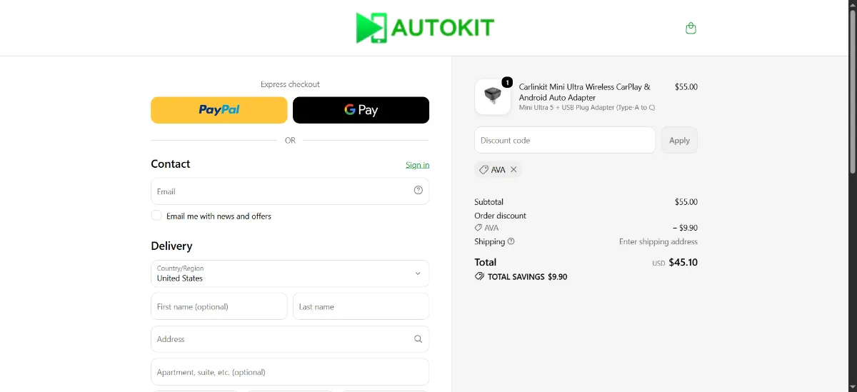 The AutoKit CarPlay checkout, with the discount code box