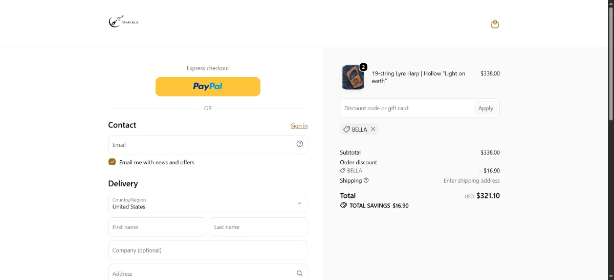 The Go Kalimba checkout, with the discount code box